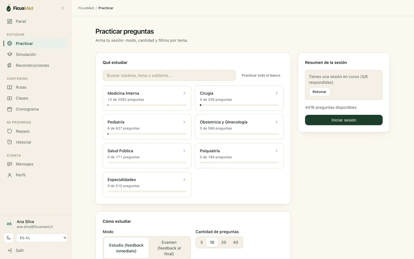 Pantalla para armar la sesión de práctica: áreas, modo y cantidad de preguntas