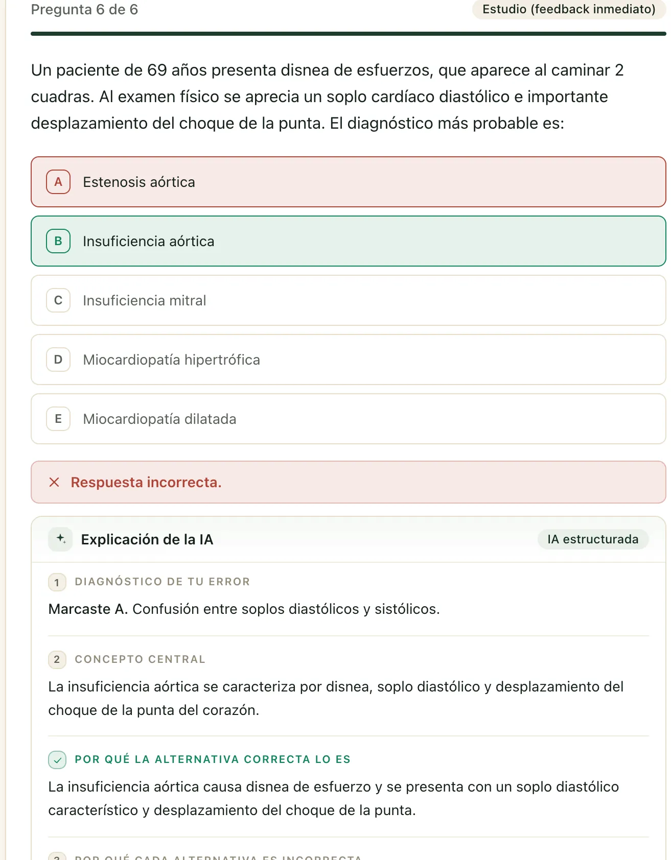 Explicación estructurada de la IA: diagnóstico del error y concepto central