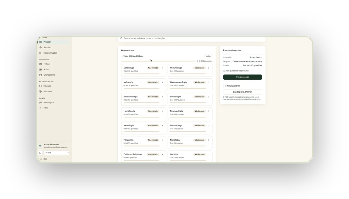 Banco de questões da FicusMed organizado por especialidade, com a quantidade real de questões em cada área
