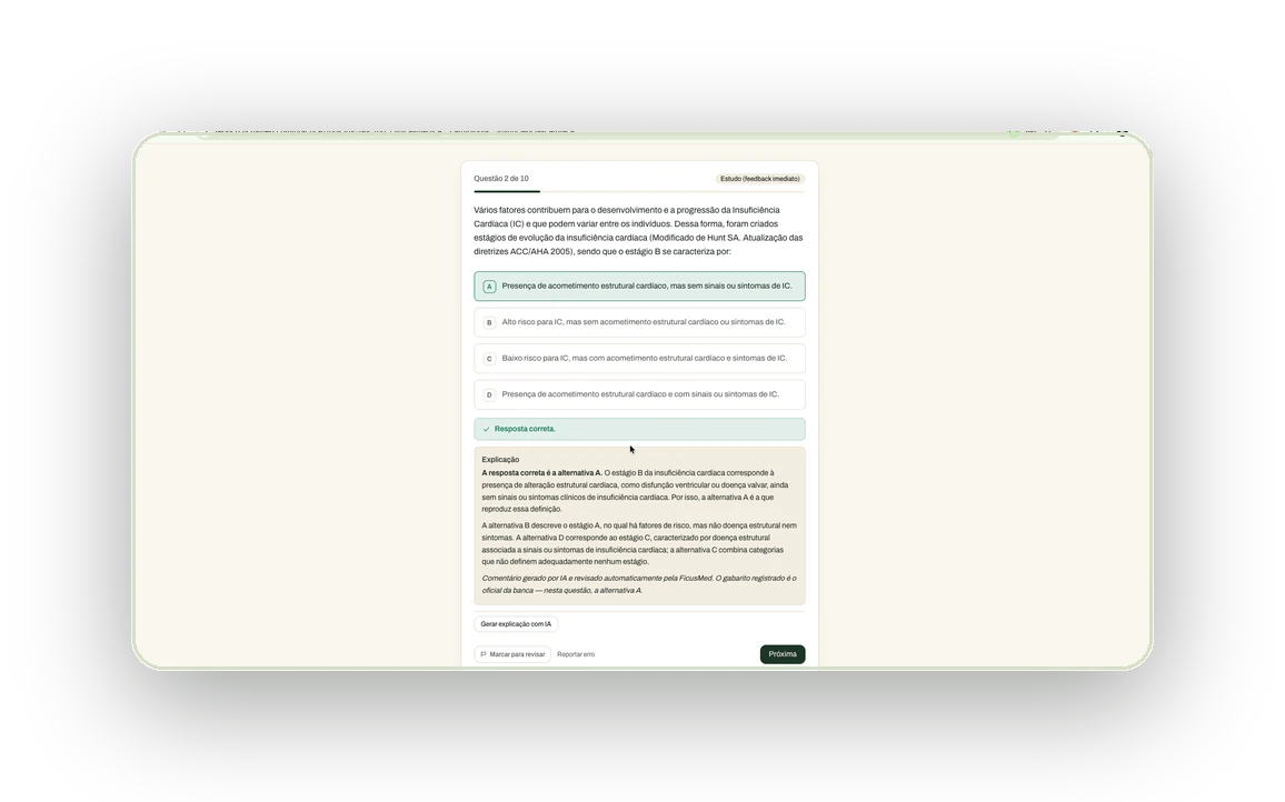 Questão respondida corretamente na FicusMed, com explicação gerada por IA e revisada pela equipe