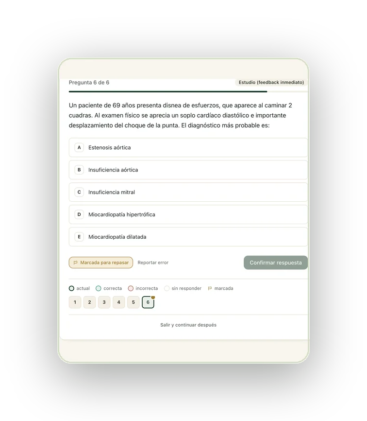 Pregunta clínica con alternativas A a E en el modo estudio de FicusMed