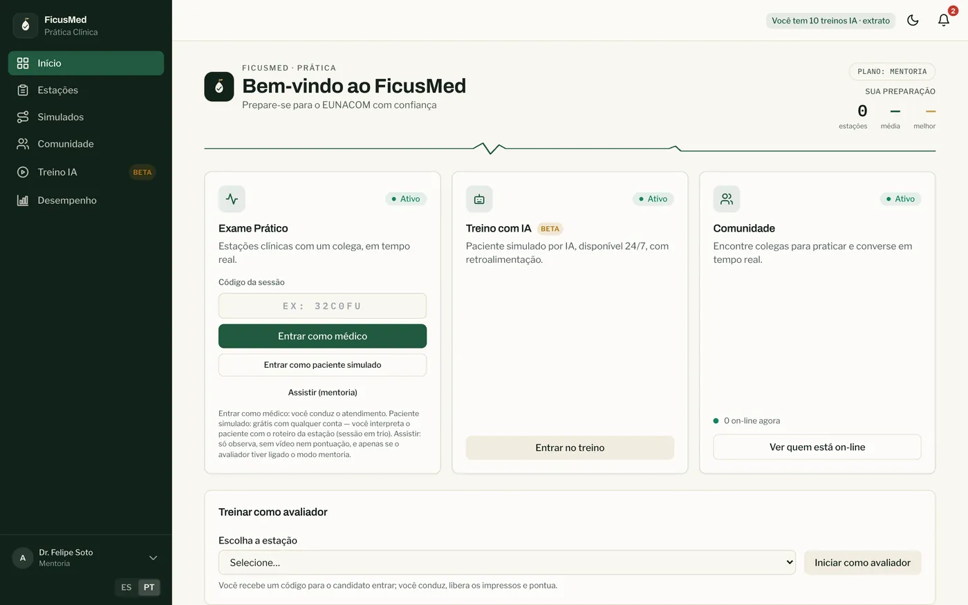 Panel de FicusMed Práctico con los modos de entrenamiento disponibles